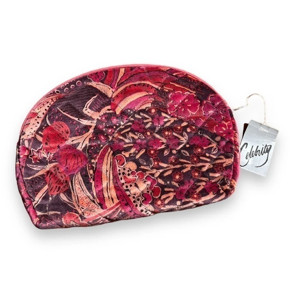 Vintage Deadstock Celebrity Pink/Red Velvet Floral Zip Up Cosmetic Travel Case